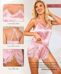 RSLOVE Women Pajama Set Sleepwear - Satin Pajamas Silk V Neck Cami and Shorts Pjs 2 Piece Womens Sexy Lace Lounge Nightwear