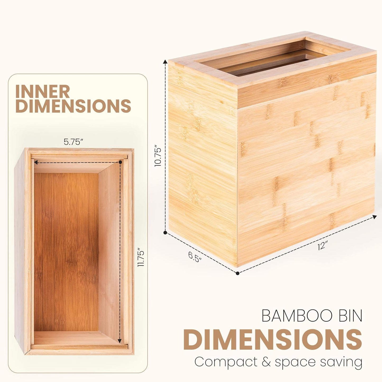 Bamboo Wooden Trash bin with Bin Liner Built-in Frame and Premium Lid - Rectangular Waste Basket with Bin Liners for Bathroom, Bedroom, Living Room, Kitchen, Office, Vanity, Salon or Spa
