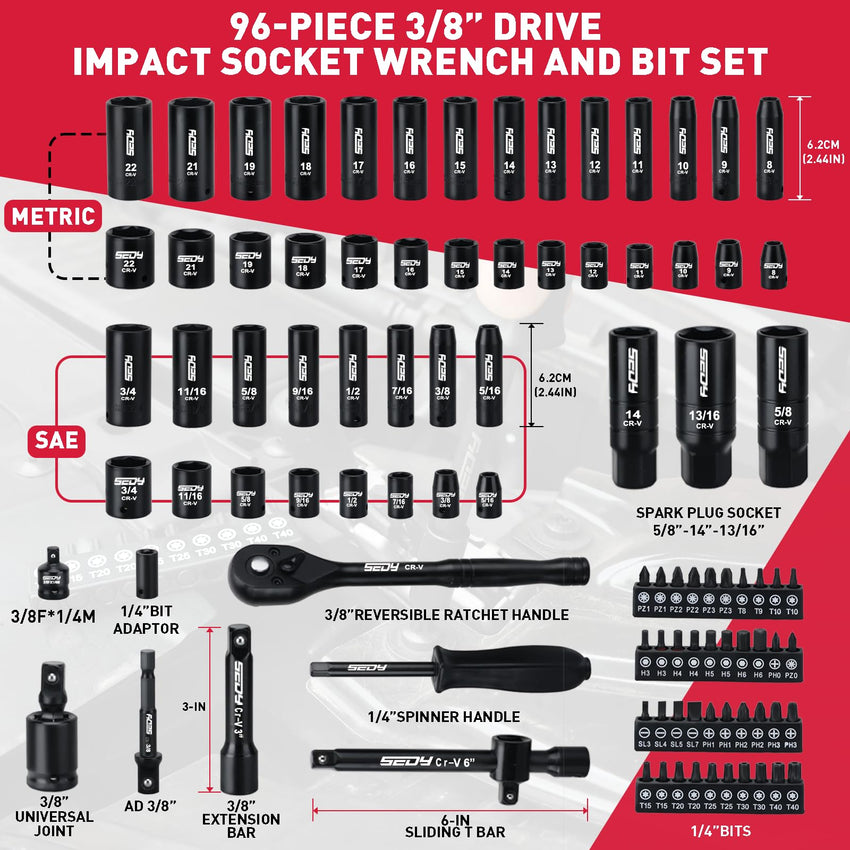 29-Piece 1/2" Drive Impact Socket Set, SAE (3/8 to 1 inch) and Metric (10-24mm) Sizes with Extension Bars Standard Deep Socket Set CR-V Material High Durability Impact Wrench