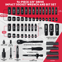 29-Piece 1/2" Drive Impact Socket Set, SAE (3/8 to 1 inch) and Metric (10-24mm) Sizes with Extension Bars Standard Deep Socket Set CR-V Material High Durability Impact Wrench