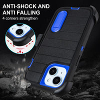 for Rugged iPhone 15 Case with Belt Clip Holster, Military Grade Heavy Duty Shockproof Cover for iPhone15 Case Protective with Stand 6.1 Inch (Black+Blue)