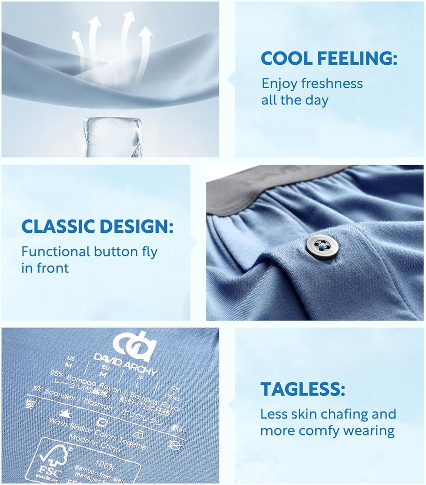 DAVID ARCHY Mens Underwear Bamboo Rayon Boxers for Men Breathable and Cool Men's Boxer Shorts with Button Fly 3 or 5 Pack