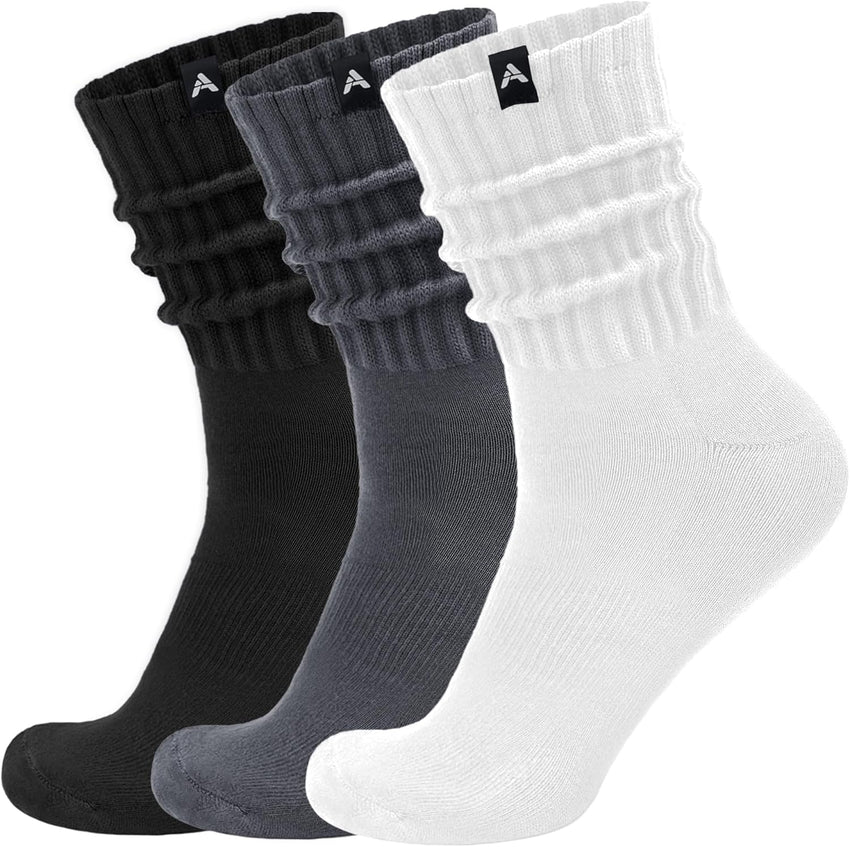 Scrunch Slouch Crew Socks Retro Ribbed Cotton Cushioned 3 Pack Boot Sneaker Gym Cozy Calf Socks For Men & Women