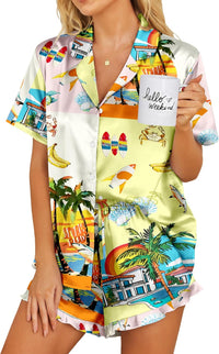 Ekouaer Womens Satin Pajamas Set Button Down 2 Piece Silk Pjs Shorts Set Ruffle Lingerie Notch Collar Sleepwear