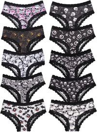 Morvia 10pcs Women's Gothic Contrast Lace Halloween Skull & Rose Print Hipster Panties Assorted Styles