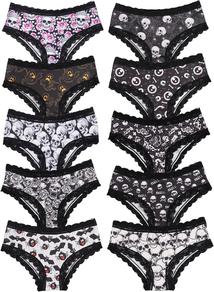Morvia 10pcs Women's Gothic Contrast Lace Halloween Skull & Rose Print Hipster Panties Assorted Styles