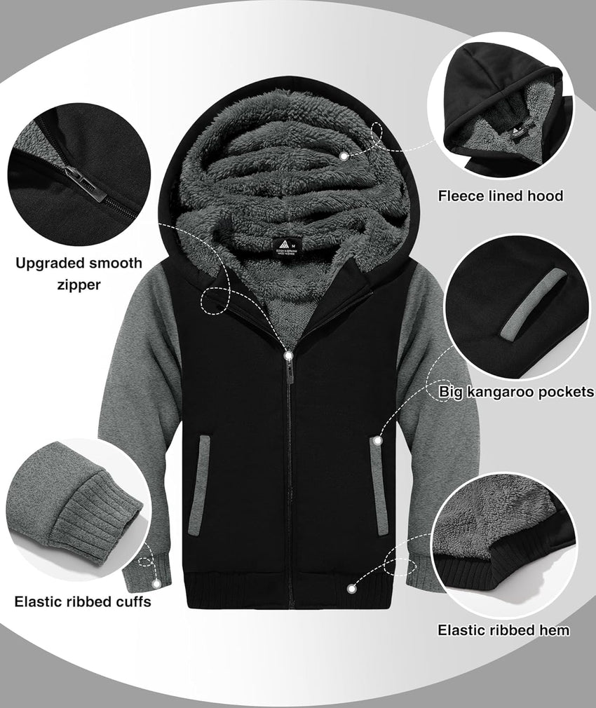 SWISSWELL Hooded Jacket for Boys Full Zip Ultra Soft Sherpa Fleece Hoodie Sweatshirt for Kids School Hooded Outerwear