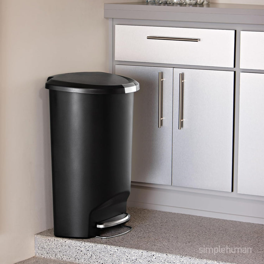 simplehuman 50 Liter / 13 Gallon Semi-Round Kitchen Step Trash Can with Secure Slide Lock, Black Plastic