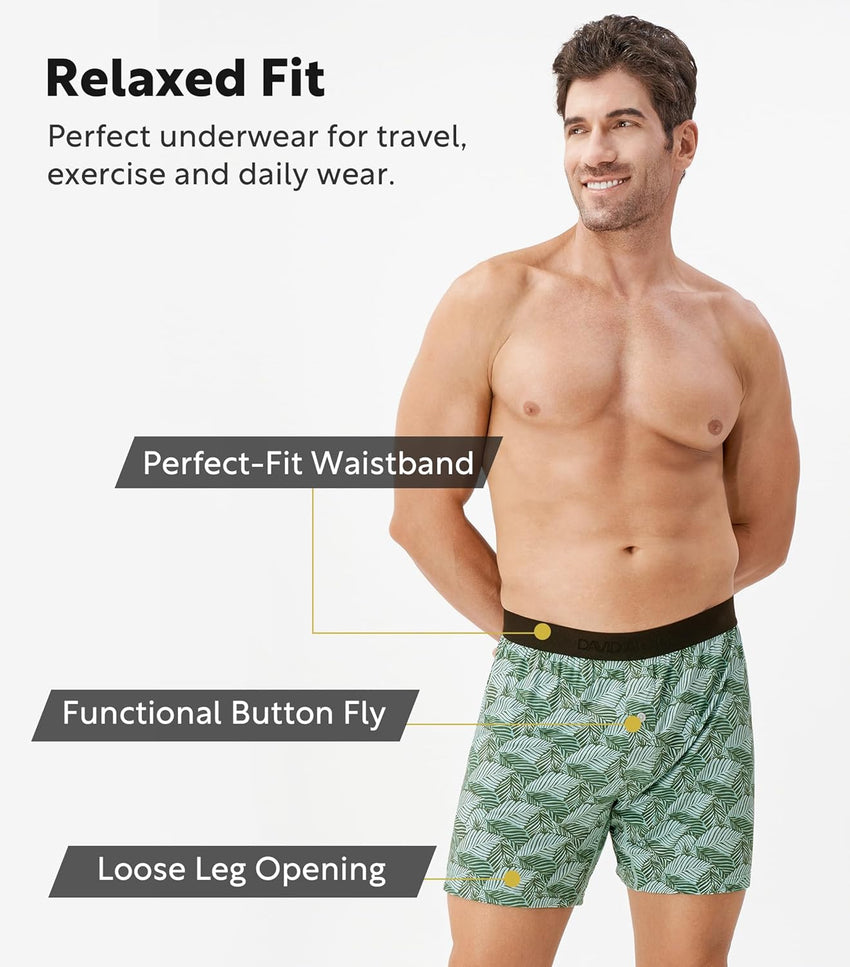 DAVID ARCHY Mens Underwear Bamboo Rayon Boxers for Men Breathable and Cool Men's Boxer Shorts with Button Fly 3 or 5 Pack