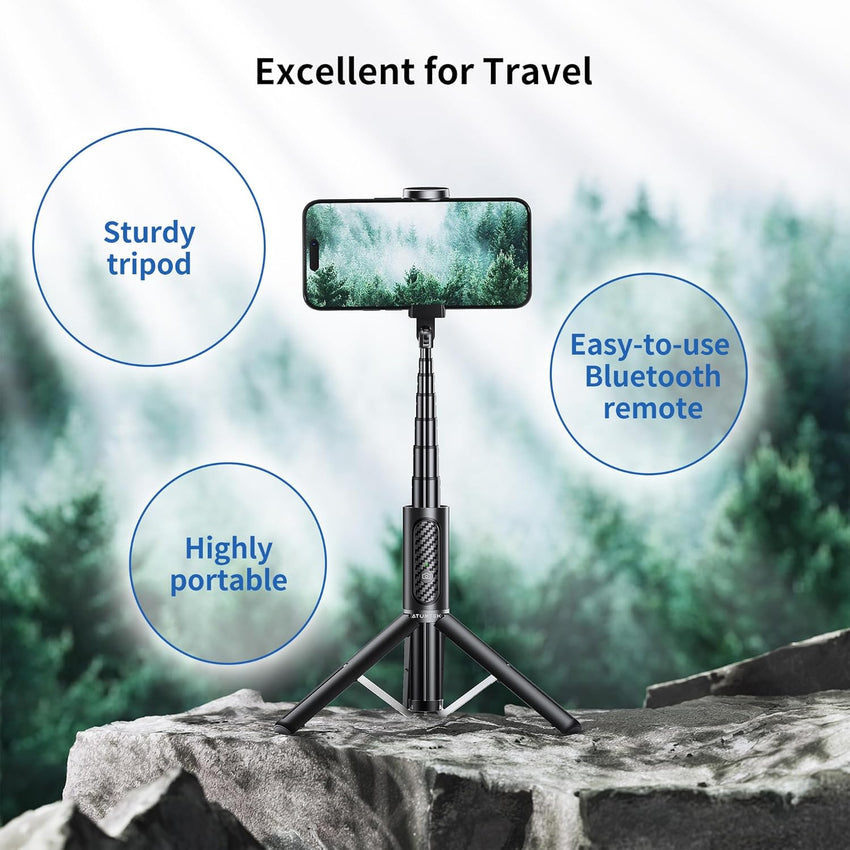ATUMTEK Selfie Stick Tripod, 3-in-1 Extendable Aluminum Phone Tripod with Detachable Bluetooth Remote, Compatible with iPhone 17/16/15/14/13/12/11/11 Pro/XS Max/XR and Samsung Smartphones, Black