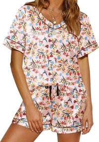 Ekouaer Silk Pajama for Women Short Sleeve Satin Pj Set Two Piece Soft Sleepwear Loungewear S-XXL