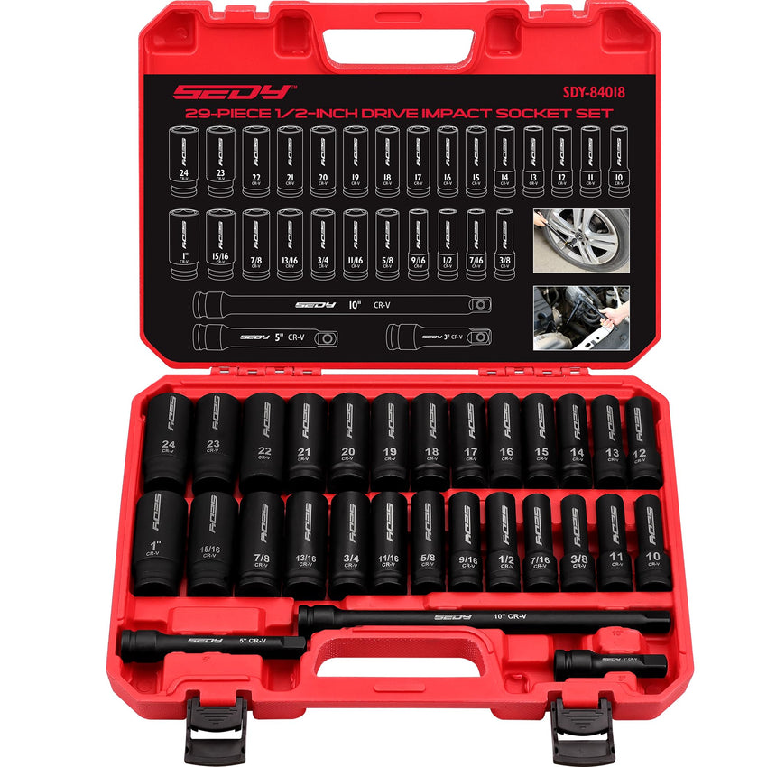 29-Piece 1/2" Drive Impact Socket Set, SAE (3/8 to 1 inch) and Metric (10-24mm) Sizes with Extension Bars Standard Deep Socket Set CR-V Material High Durability Impact Wrench