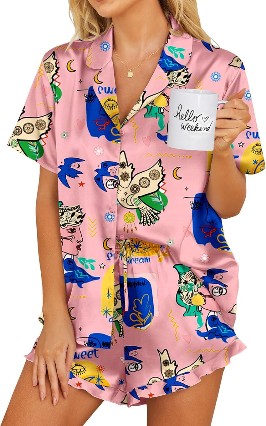 Ekouaer Womens Satin Pajamas Set Button Down 2 Piece Silk Pjs Shorts Set Ruffle Lingerie Notch Collar Sleepwear