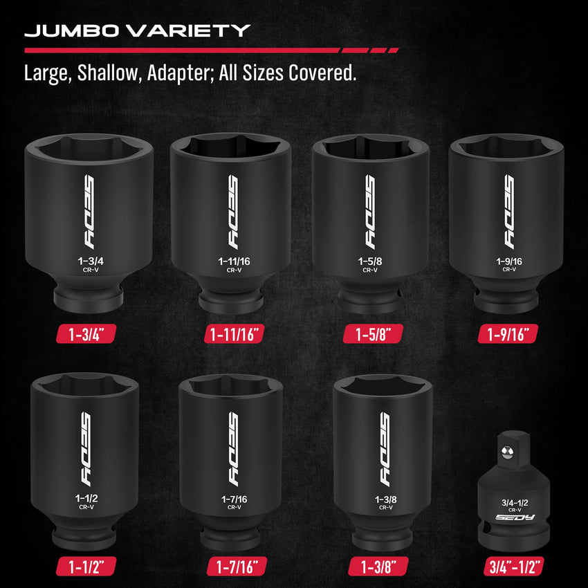 29-Piece 1/2" Drive Impact Socket Set, SAE (3/8 to 1 inch) and Metric (10-24mm) Sizes with Extension Bars Standard Deep Socket Set CR-V Material High Durability Impact Wrench
