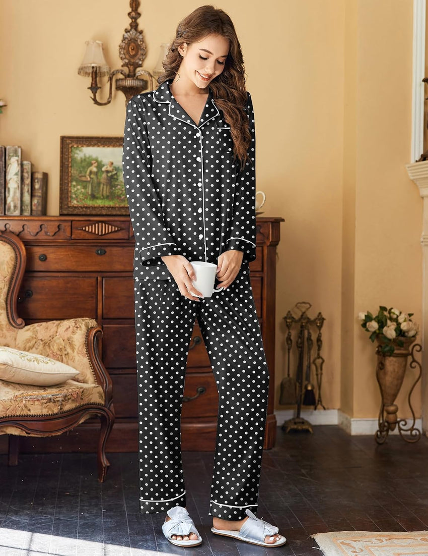 Ekouaer Womens Satin Pajama Set Classic Pattern Silky Pj Sets Button Down Sleepwear Loungewear