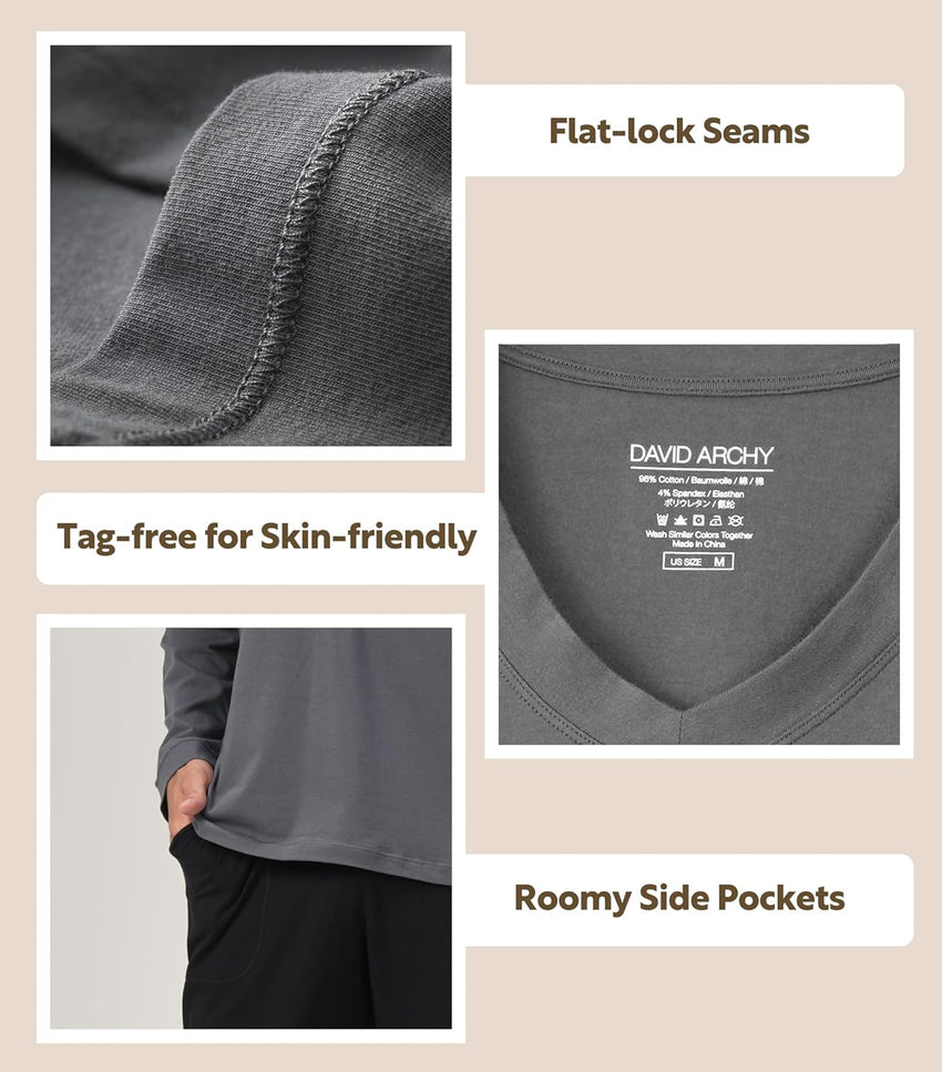 DAVID ARCHY Men's Pajamas Set Soft Cotton Long Sleeve Sleepwear Comfy Loungewear Pjs with Pockets