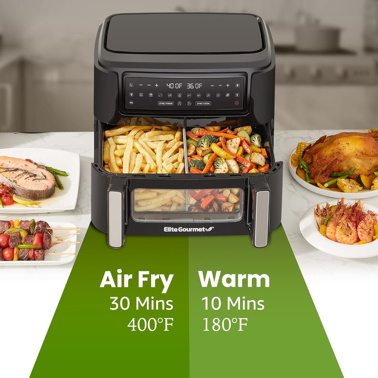 Elite Gourmet EAF1055D Dual Zone Air Fryer Oven, 11QT. Capacity with Divider, Sync Finish, Dishwasher Safe Basket, 10 Preset Functions, 1600-Watts, with Recipe Booklet, Black