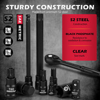 29-Piece 1/2" Drive Impact Socket Set, SAE (3/8 to 1 inch) and Metric (10-24mm) Sizes with Extension Bars Standard Deep Socket Set CR-V Material High Durability Impact Wrench