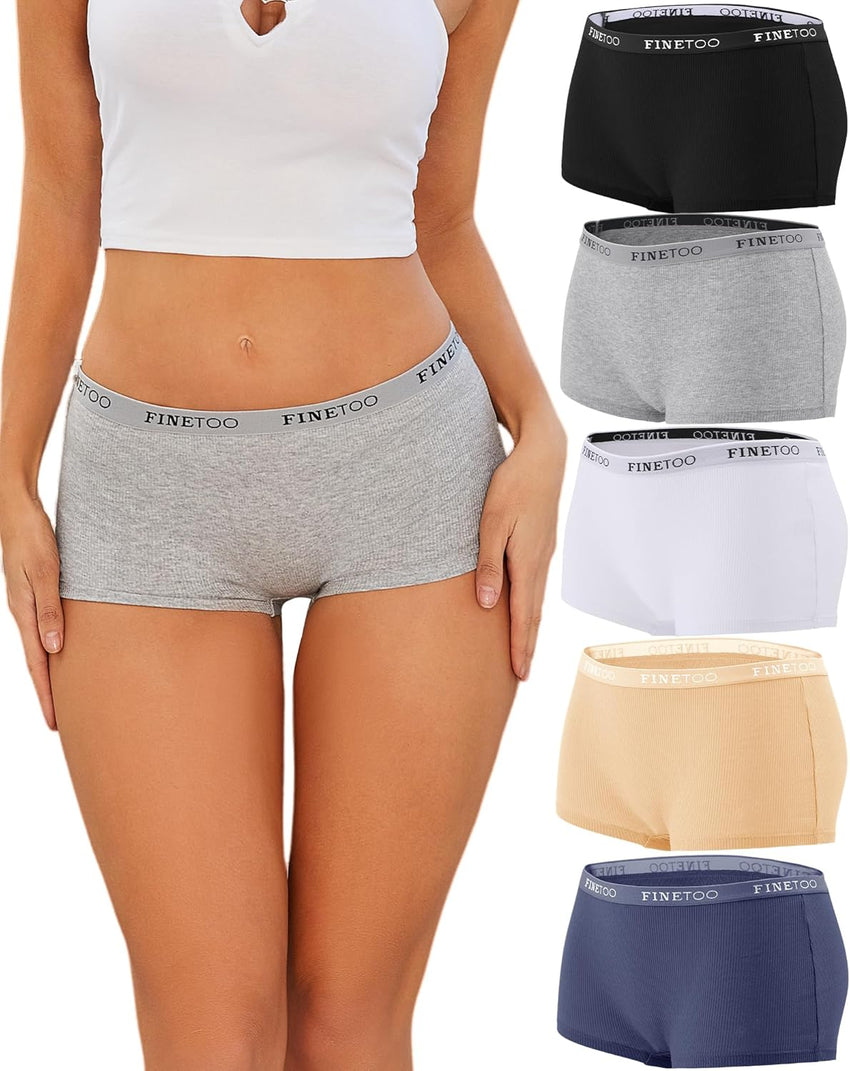 FINETOO Boyshort Underwear for Women Cotton Boxer Briefs Full Coverage Ladies BoyShorts Panties 5 Pack