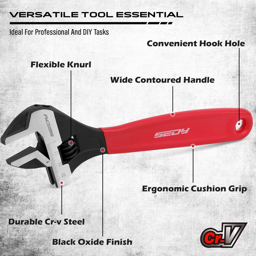 Adjustable Wrench Set Pipe Spanner: 6" 8" 10" Wide Jaw Black Oxide Wrench With Cushion Grip, Laser Marked Metric & SAE Scales, CR-V Steel for Professional