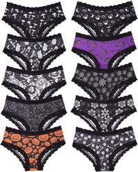 Morvia 10pcs Women's Gothic Contrast Lace Halloween Skull & Rose Print Hipster Panties Assorted Styles