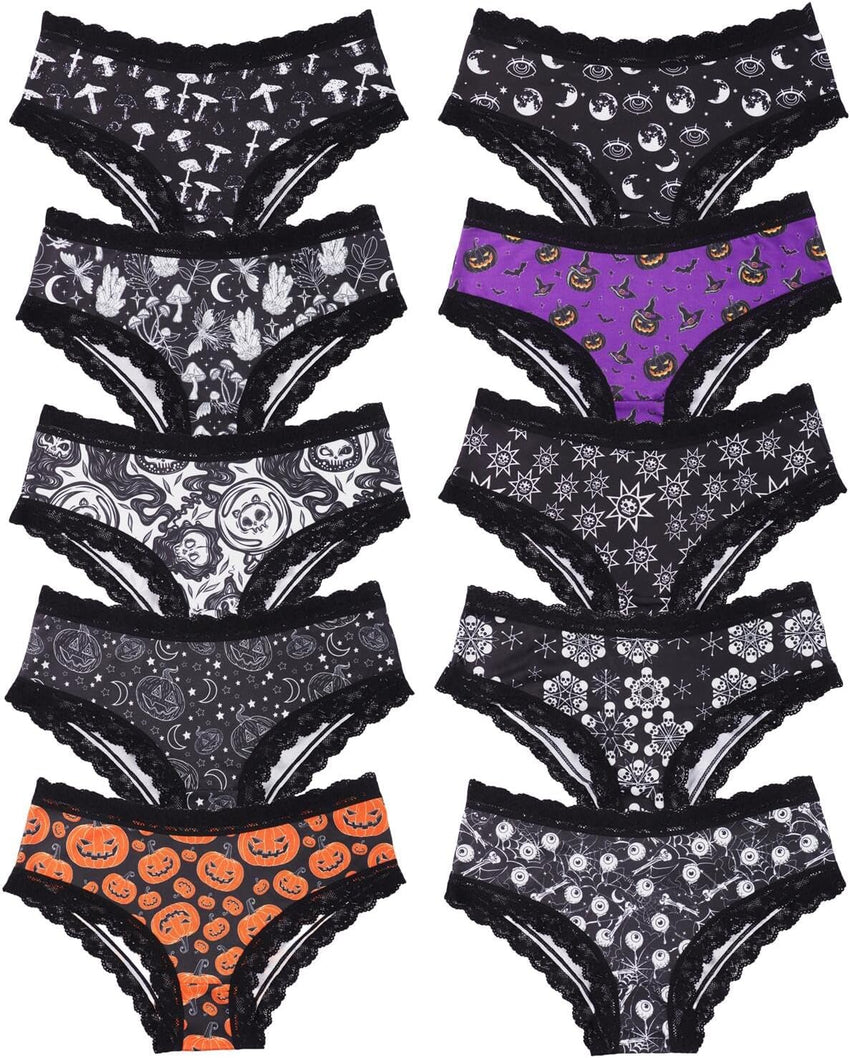 Morvia 10pcs Women's Gothic Contrast Lace Halloween Skull & Rose Print Hipster Panties Assorted Styles