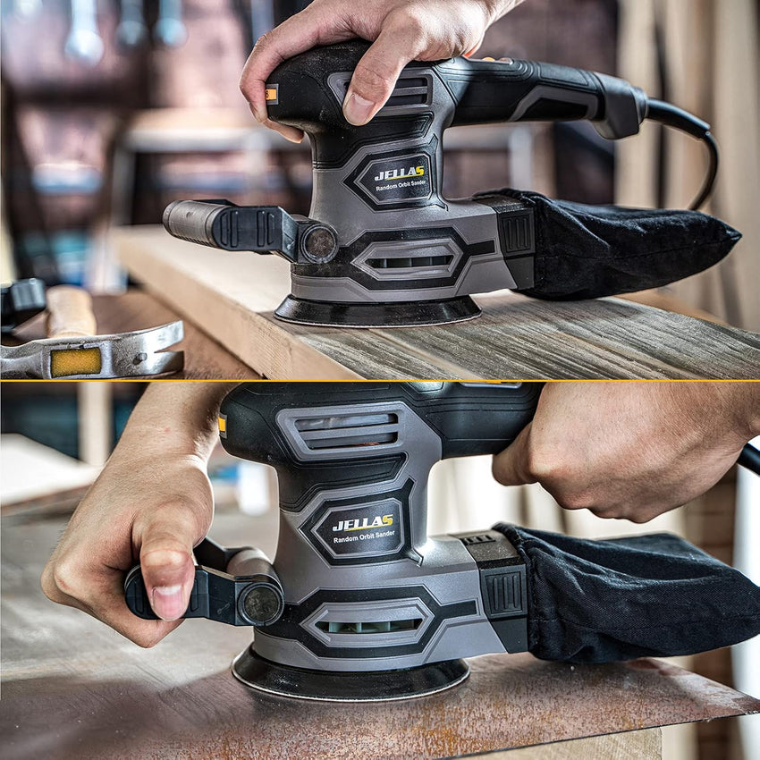 3.8A(450W) Orbital Sander, Jellas 6 Variable Speeds Double Handle Random Orbit Sander, 5-Inch Electric Sander with 18pcs Sandpapers, Dust Collector, Ideal Power Sander for Woodworking(OS450)