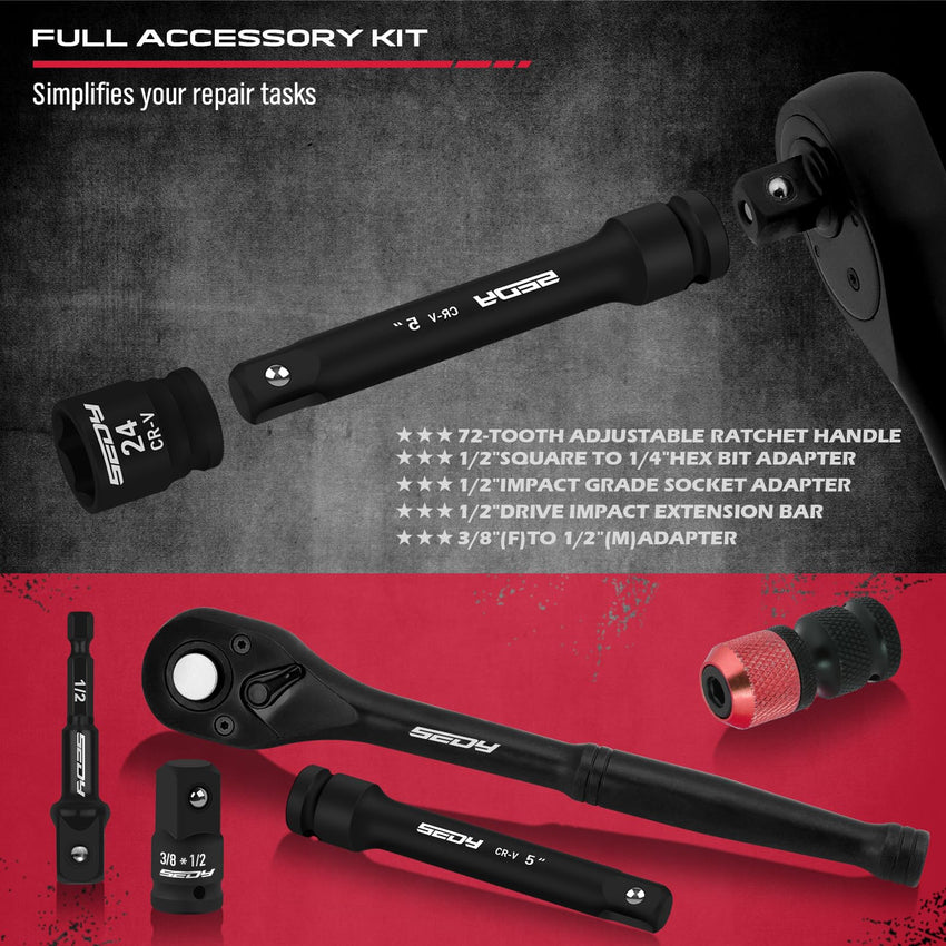 29-Piece 1/2" Drive Impact Socket Set, SAE (3/8 to 1 inch) and Metric (10-24mm) Sizes with Extension Bars Standard Deep Socket Set CR-V Material High Durability Impact Wrench