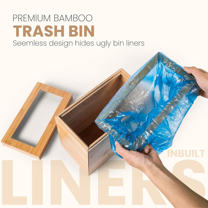 Bamboo Wooden Trash bin with Bin Liner Built-in Frame and Premium Lid - Rectangular Waste Basket with Bin Liners for Bathroom, Bedroom, Living Room, Kitchen, Office, Vanity, Salon or Spa