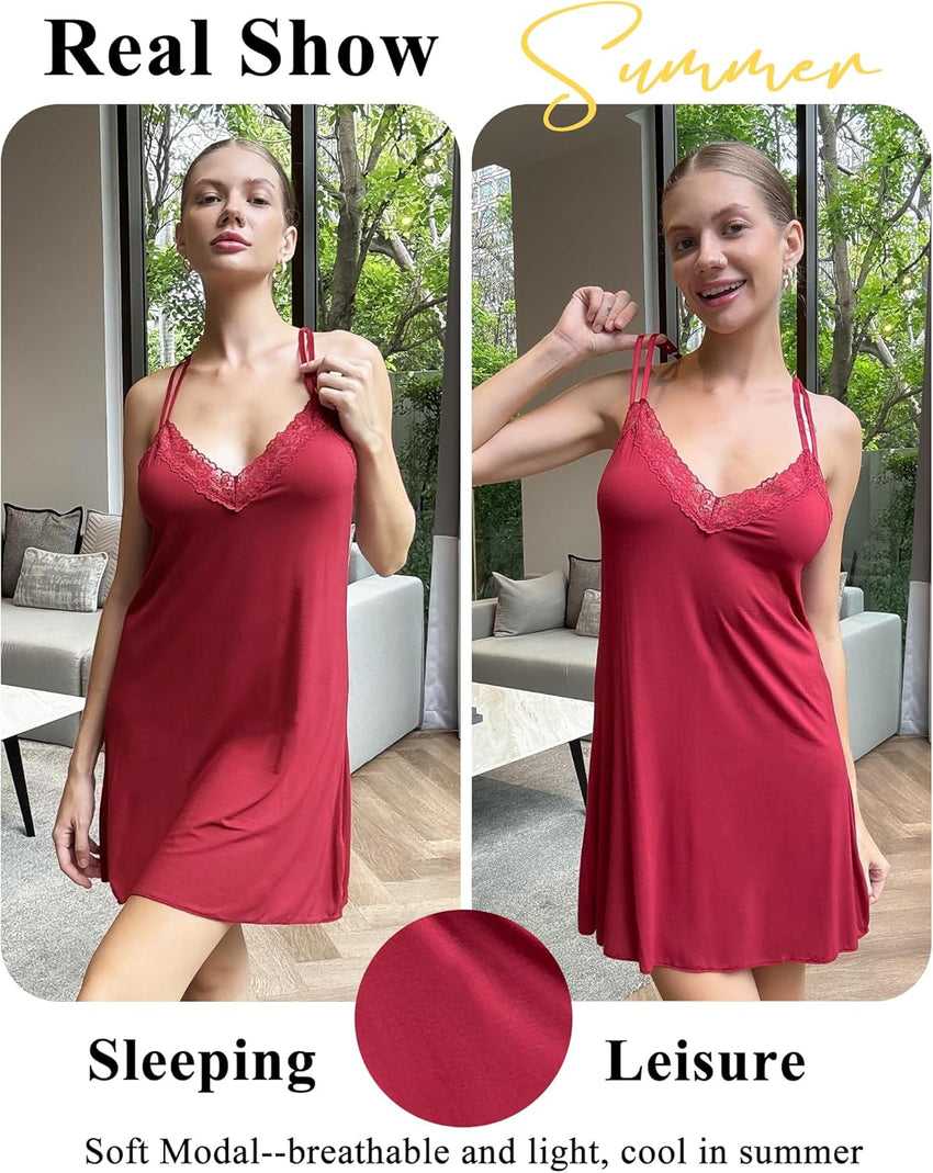 Avidlove Women's Nightgown Sexy Nightwear Modal Sleepwear Babydoll Lace Chemise Nightie V-Neck Full Slip Spaghetti Strap