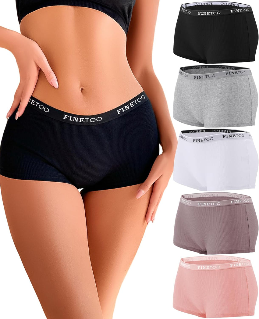 FINETOO Boyshort Underwear for Women Cotton Boxer Briefs Full Coverage Ladies BoyShorts Panties 5 Pack