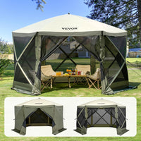 VEVOR 12 * 12ft 6 Sided Pop-up Canopy Shelter Tent with Mesh Windows, Portable Carry Bag, Stakes, Large Shade Tents for Outdoor Camping, Lawn and Backyard, Brown/Beige