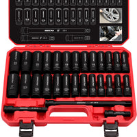 29-Piece 1/2" Drive Impact Socket Set, SAE (3/8 to 1 inch) and Metric (10-24mm) Sizes with Extension Bars Standard Deep Socket Set CR-V Material High Durability Impact Wrench