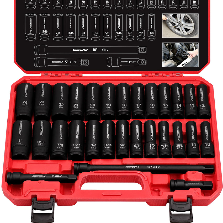 29-Piece 1/2" Drive Impact Socket Set, SAE (3/8 to 1 inch) and Metric (10-24mm) Sizes with Extension Bars Standard Deep Socket Set CR-V Material High Durability Impact Wrench
