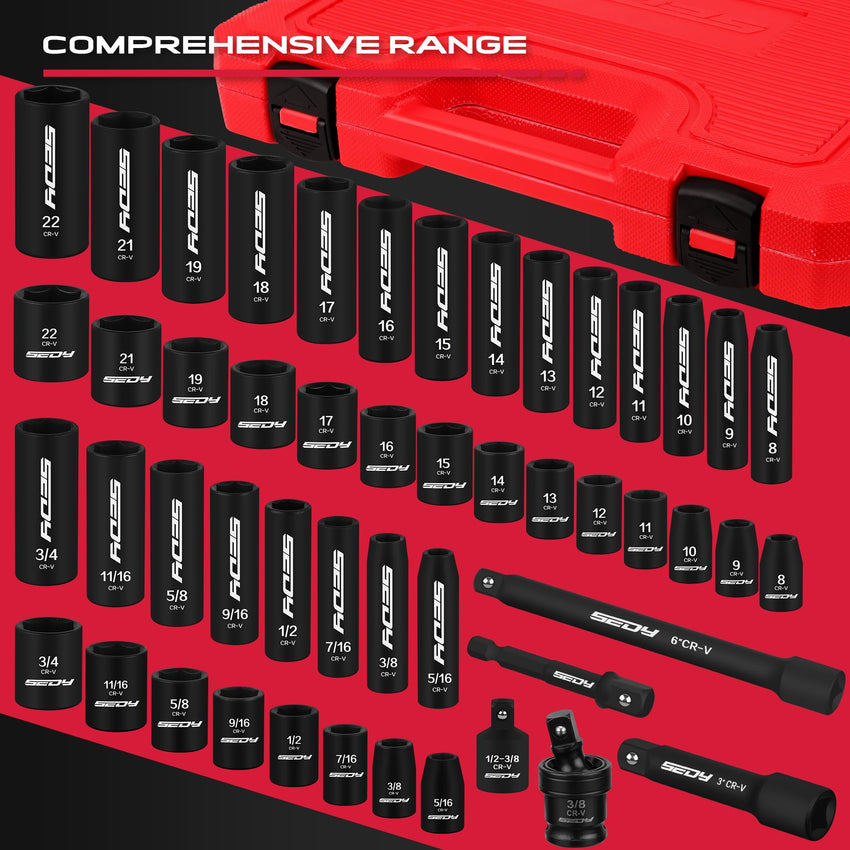 29-Piece 1/2" Drive Impact Socket Set, SAE (3/8 to 1 inch) and Metric (10-24mm) Sizes with Extension Bars Standard Deep Socket Set CR-V Material High Durability Impact Wrench