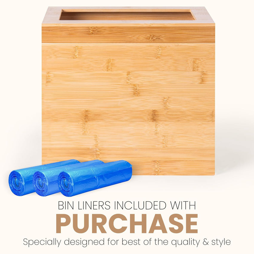 Bamboo Wooden Trash bin with Bin Liner Built-in Frame and Premium Lid - Rectangular Waste Basket with Bin Liners for Bathroom, Bedroom, Living Room, Kitchen, Office, Vanity, Salon or Spa