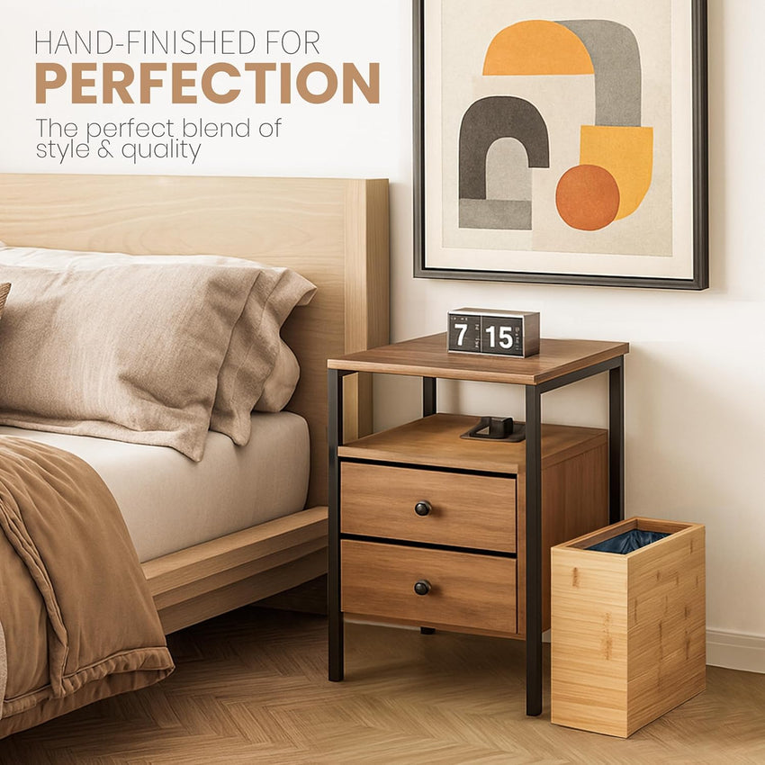 Bamboo Wooden Trash bin with Bin Liner Built-in Frame and Premium Lid - Rectangular Waste Basket with Bin Liners for Bathroom, Bedroom, Living Room, Kitchen, Office, Vanity, Salon or Spa