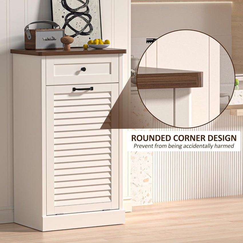 Spurgehom Tilt Out Trash Cabinet,13 Gallon Louvered Door Laundry Hamper Cabinet with Hideaway Drawers,Freestanding Garbage Can Cabinets for Kitchen & Living Room,White