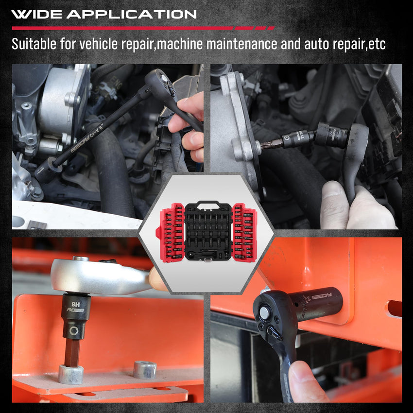 Hex Bit Impact Socket Set: 36-Piece with 4 Adapters, 1/4" 3/8" 1/2" Drive Master Allen Impact Socket Set, SAE and Metric, H5-H19 & 3/4"-5/64", Heavy Duty Storage Case, Automotive Mechanic