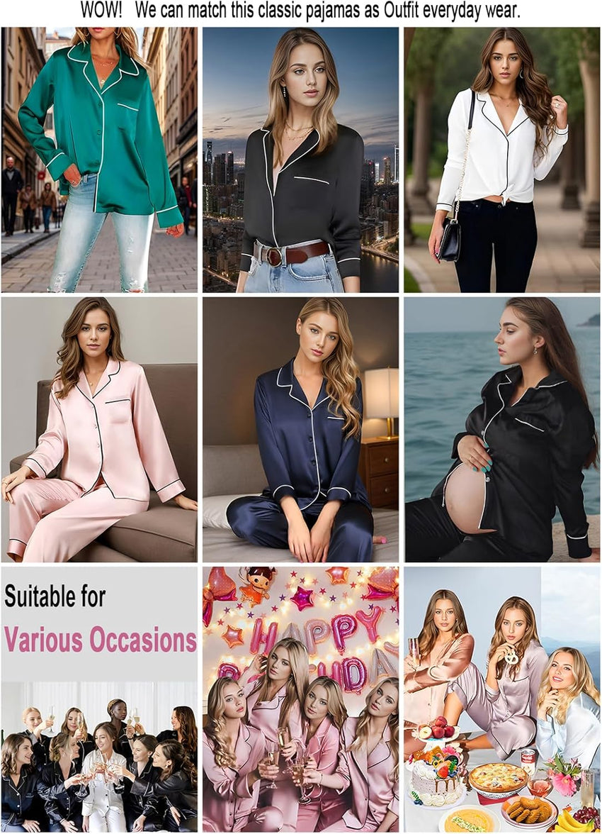 Lonxu Silk Satin Womens Pajama Sets Button Down Sleepwear Loungewear XS~3XL