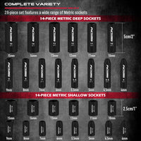 29-Piece 1/2" Drive Impact Socket Set, SAE (3/8 to 1 inch) and Metric (10-24mm) Sizes with Extension Bars Standard Deep Socket Set CR-V Material High Durability Impact Wrench