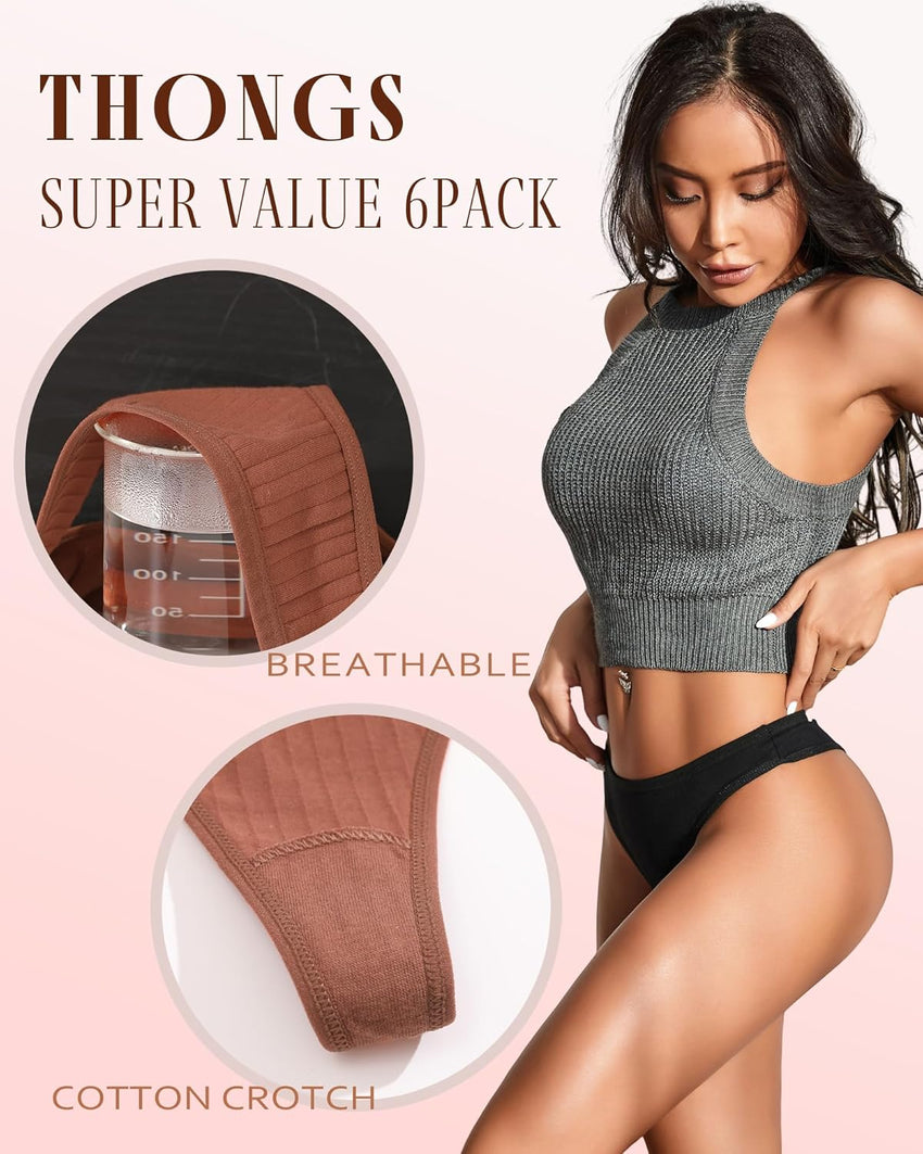 FINETOO Cotton Thongs for Women Soft Low Rise Sexy Thong Ladies Panties Womens Underwear 6 Pack S-XXXL