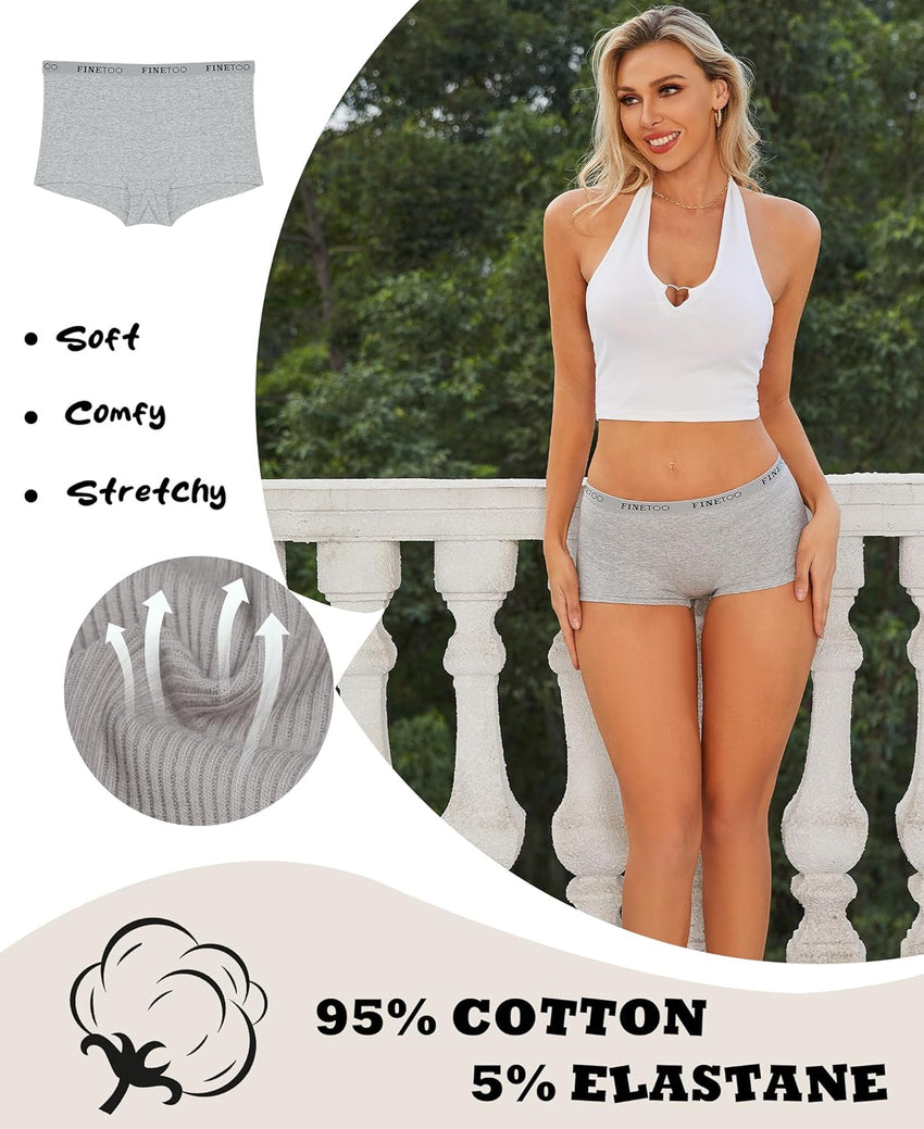 FINETOO Boyshort Underwear for Women Cotton Boxer Briefs Full Coverage Ladies BoyShorts Panties 5 Pack