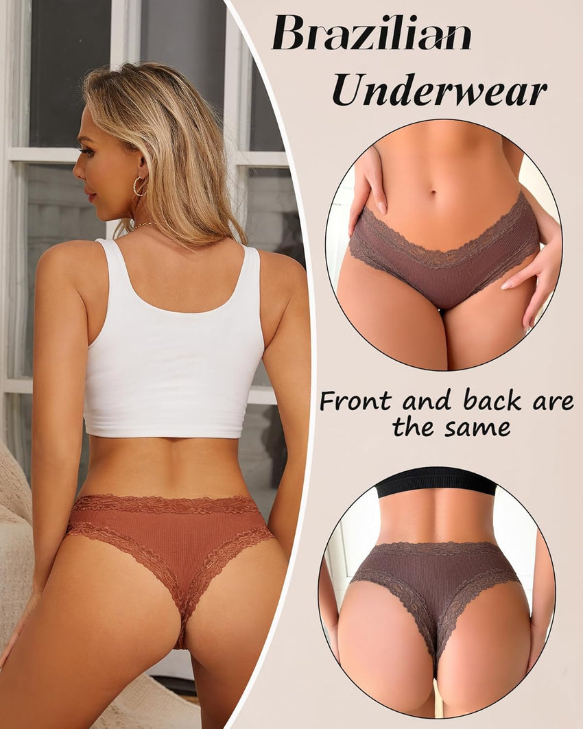 Sth Big Womens Cotton Underwear Sexy Lace Brazilian Panties Soft Breathable Cotton Bikini for Ladies 6 Pack