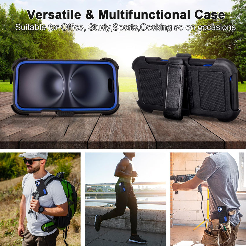 Black for iPhone 16 Case with Belt Clip Holster, Heavy Duty Rugged Military Grade Shockproof Case for iPhone 16 Case Protective Cover with Kickstand 6.1 Inch