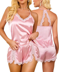 RSLOVE Women Pajama Set Sleepwear - Satin Pajamas Silk V Neck Cami and Shorts Pjs 2 Piece Womens Sexy Lace Lounge Nightwear