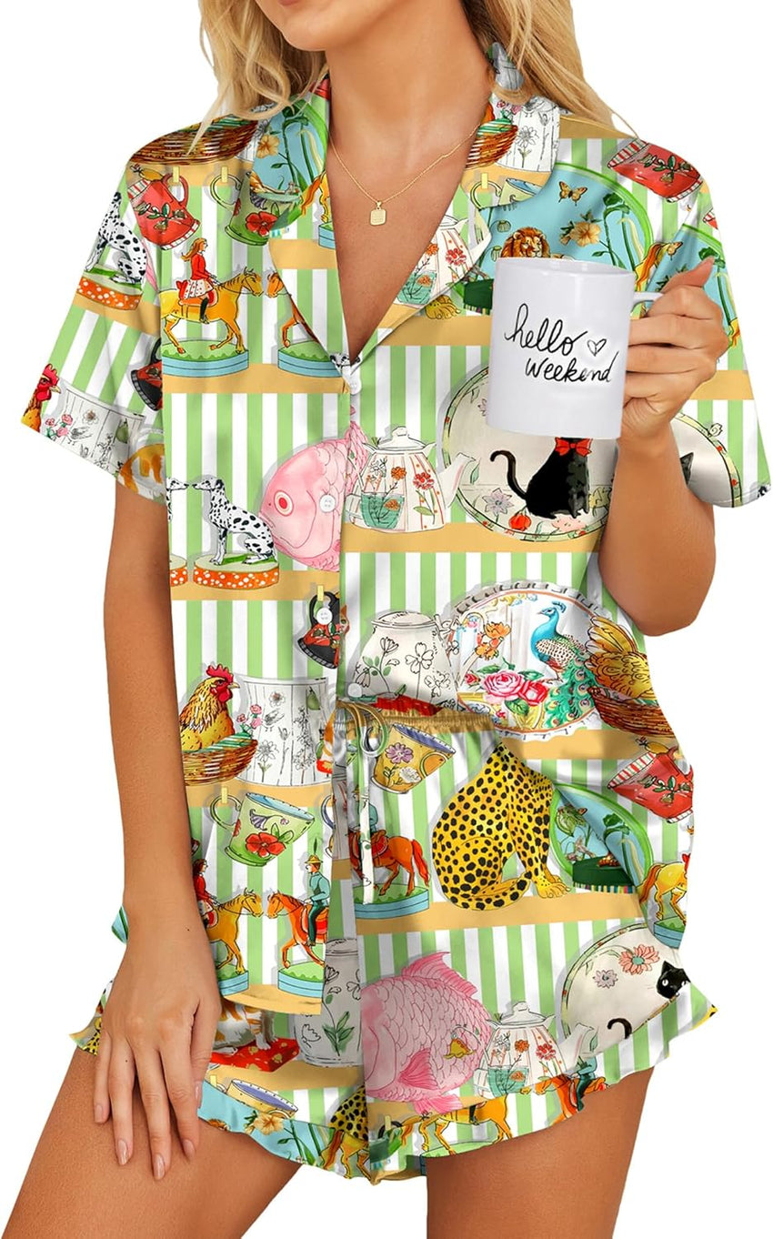 Ekouaer Womens Satin Pajamas Set Button Down 2 Piece Silk Pjs Shorts Set Ruffle Lingerie Notch Collar Sleepwear