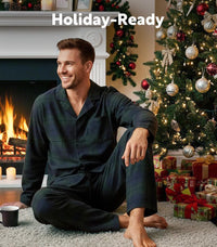 DAVID ARCHY Men's Pajamas Set Flannel Pjs Sets Ultra-Soft Cotton Pajamas for Men Classic Plaid Lounge Set with Roomy Pockets