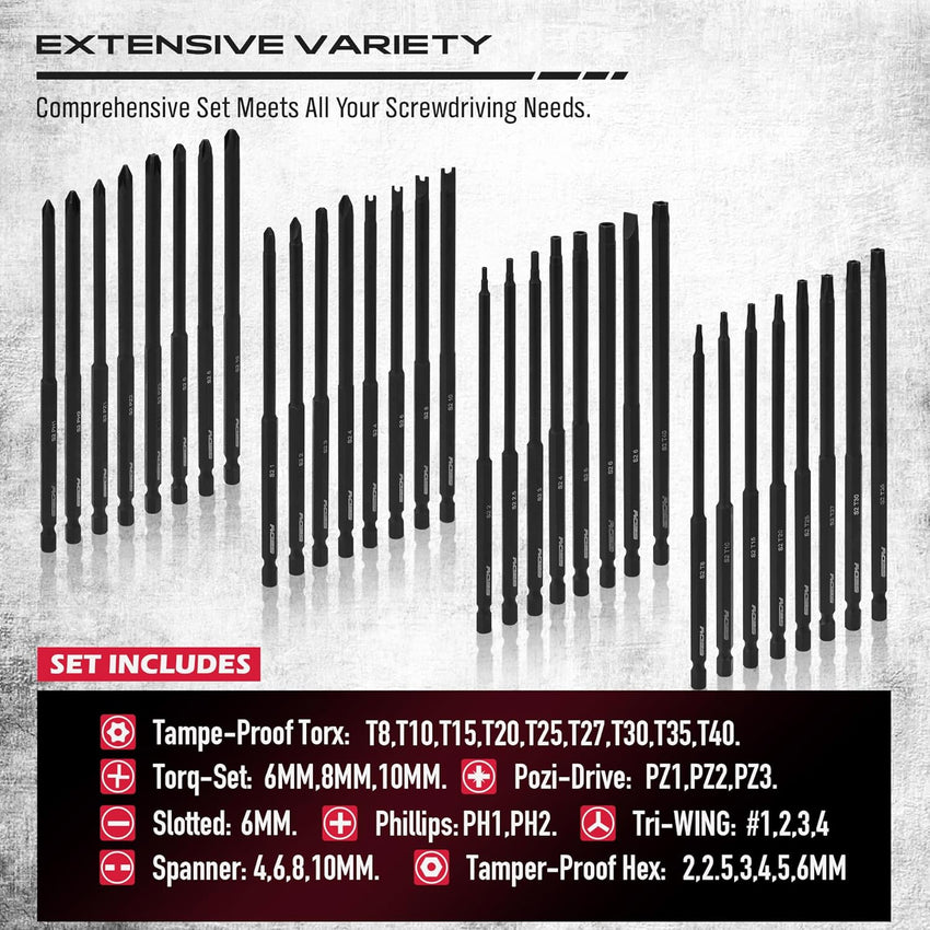 Extra Long Security Bit Set: 32-Piece S2 Steel Screwdriver Drill Bits for Tamper-Proof Screws, 6" Torx, PoziDriv, Spanner, Tri-Wing - Universal 1/4" Hex Shank for Electric, Impact Drills