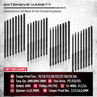 Extra Long Security Bit Set: 32-Piece S2 Steel Screwdriver Drill Bits for Tamper-Proof Screws, 6" Torx, PoziDriv, Spanner, Tri-Wing - Universal 1/4" Hex Shank for Electric, Impact Drills